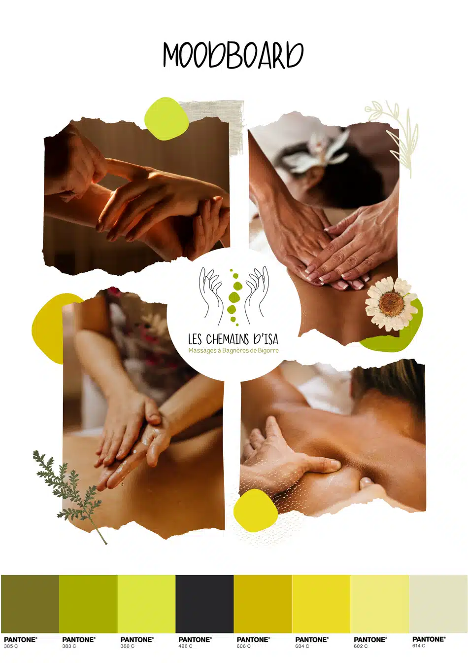 Travail de modernisation sur l'identité visuelle et le logo des Chemains d'Isa, cabinet de massage à Bagnères de Bigorre.