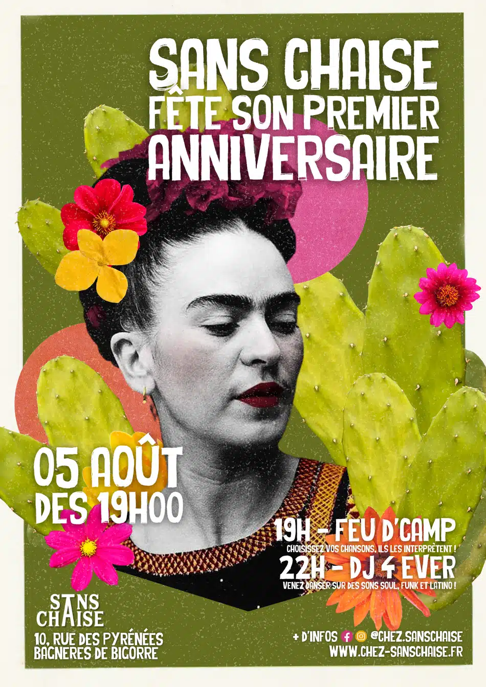 Mise en page d'affiche pour le premier anniversaire du restaurant Sans Chaise à Bagnères de Bigorre.