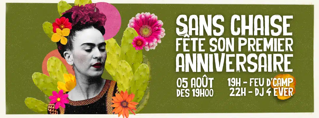 Mise en page d'affiche pour le premier anniversaire du restaurant Sans Chaise à Bagnères de Bigorre.