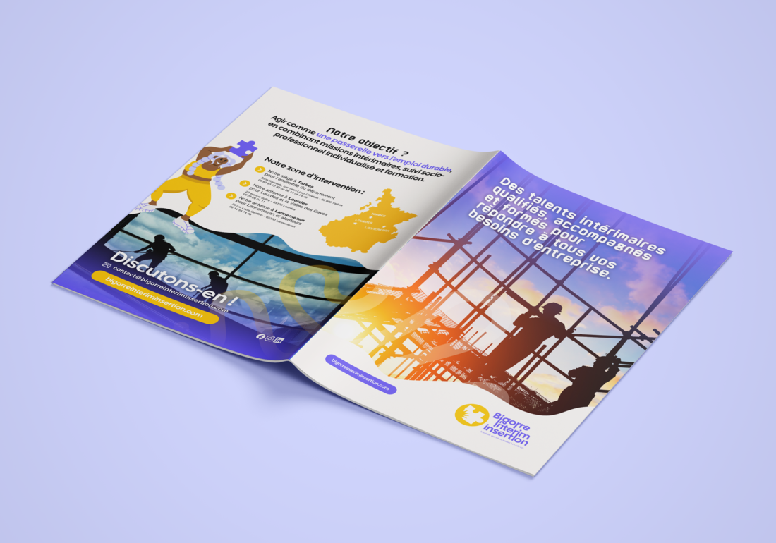 Prestation de graphisme avec la réalisation de cette brochure institutionnelle pour Bigorre Interim Insertion à Tarbes.