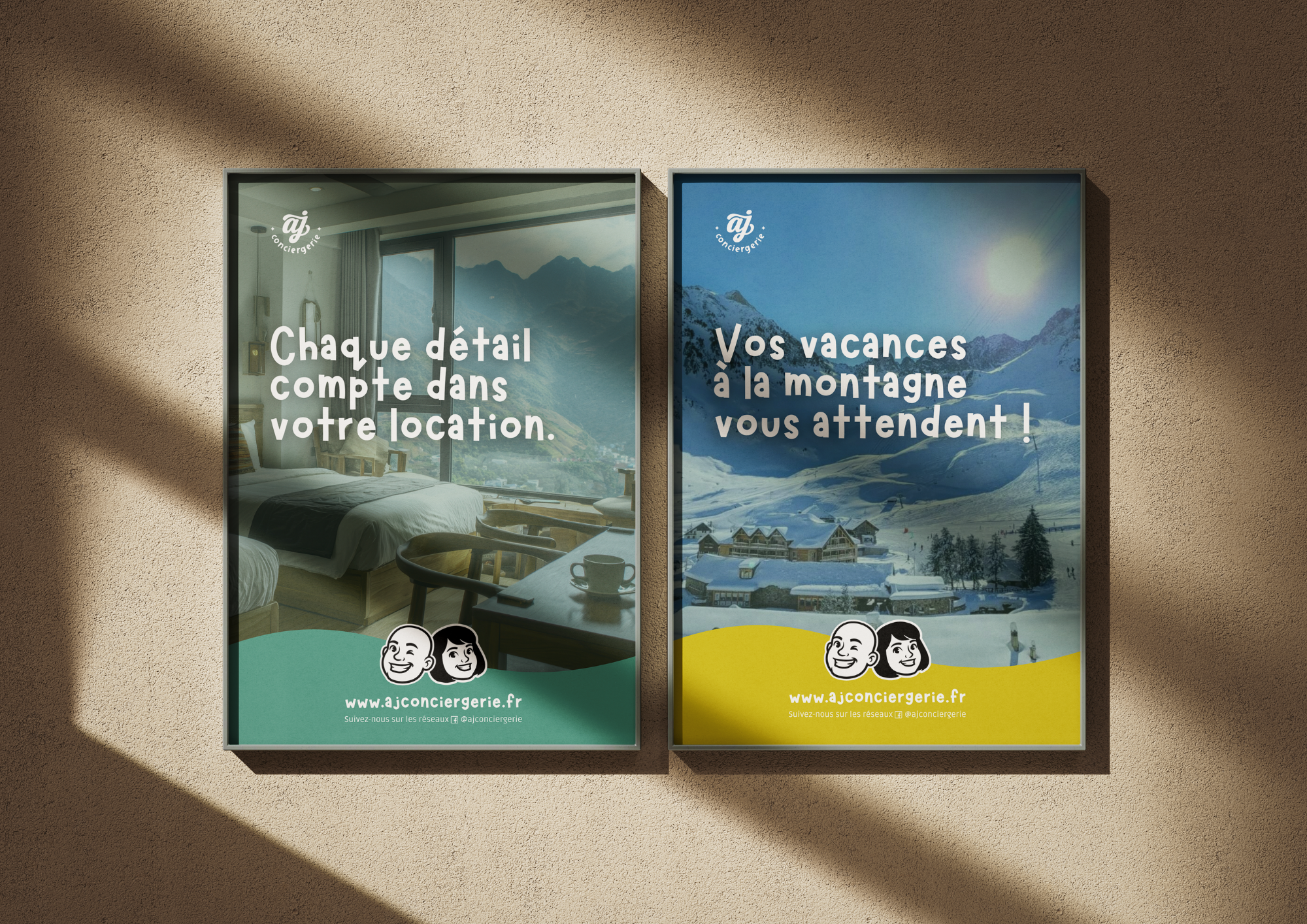 Prestation de graphisme avec la création de la nouvelle identité visuelle d'A&J Conciergerie à Bagnères de Bigorre - logo, couleurs et éléments graphiques.