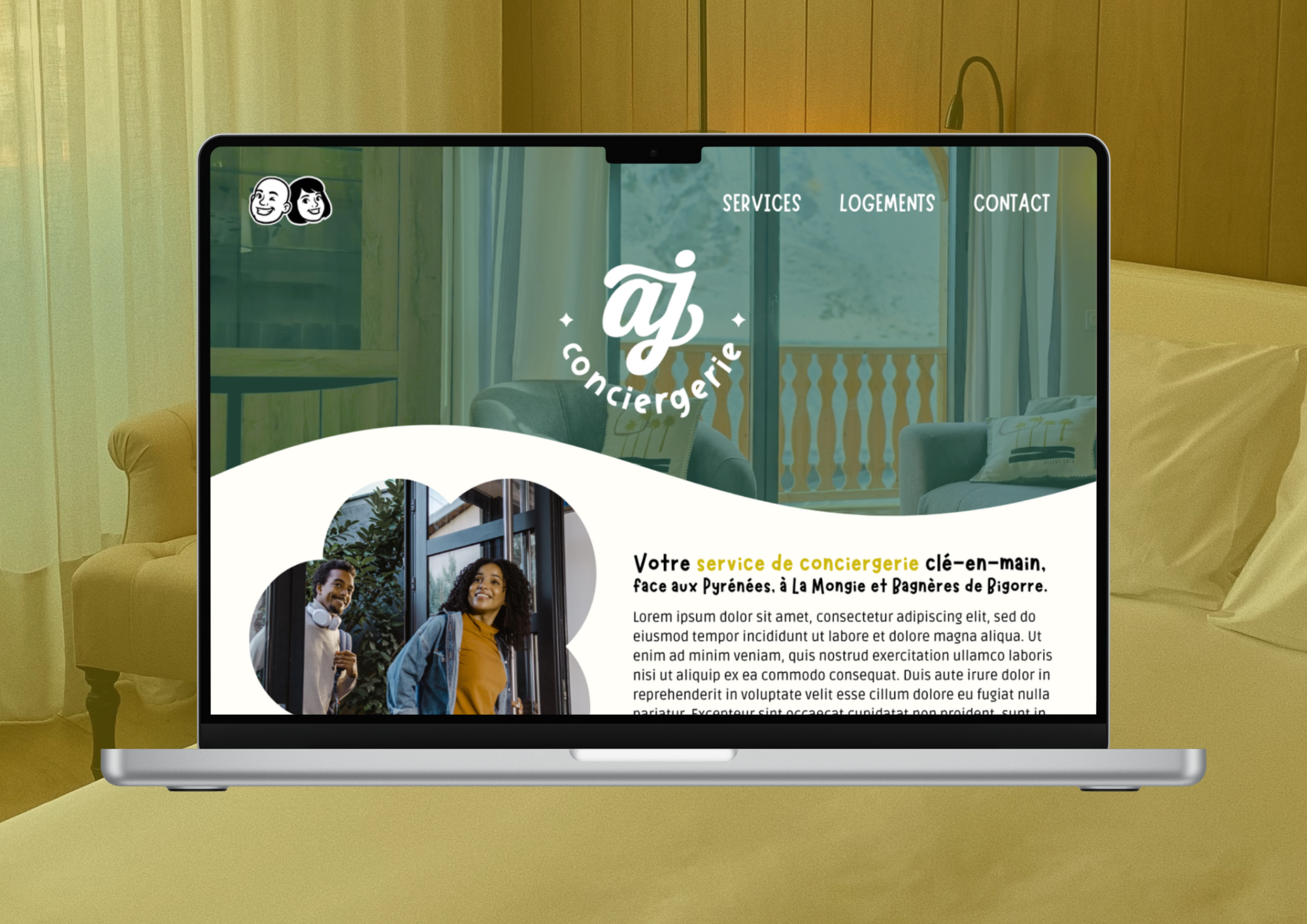 Prestation de graphisme avec la création de la nouvelle identité visuelle d'A&J Conciergerie à Bagnères de Bigorre - logo, couleurs et éléments graphiques.