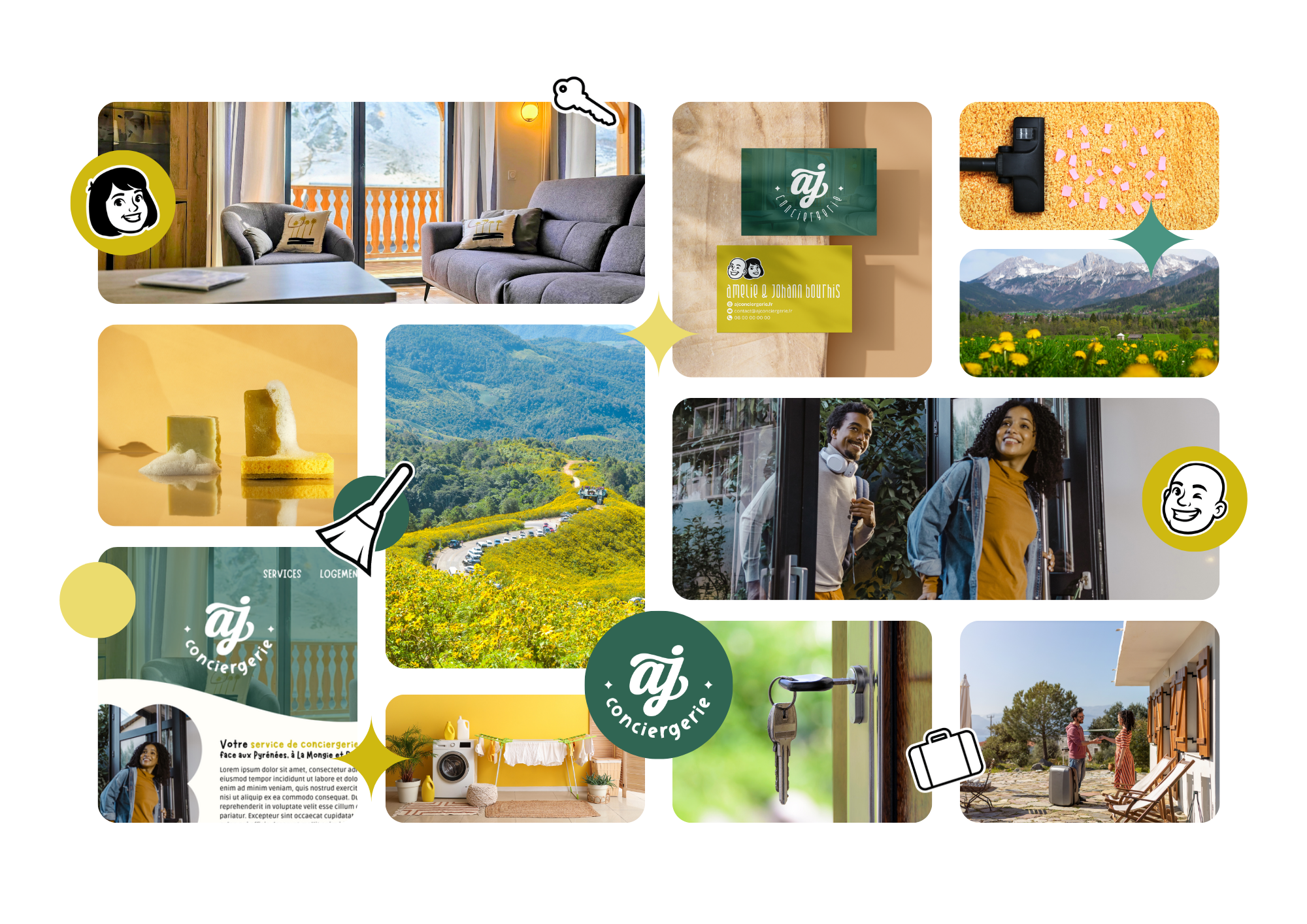 Prestation de graphisme avec la création de la nouvelle identité visuelle d'A&J Conciergerie à Bagnères de Bigorre - logo, couleurs et éléments graphiques.