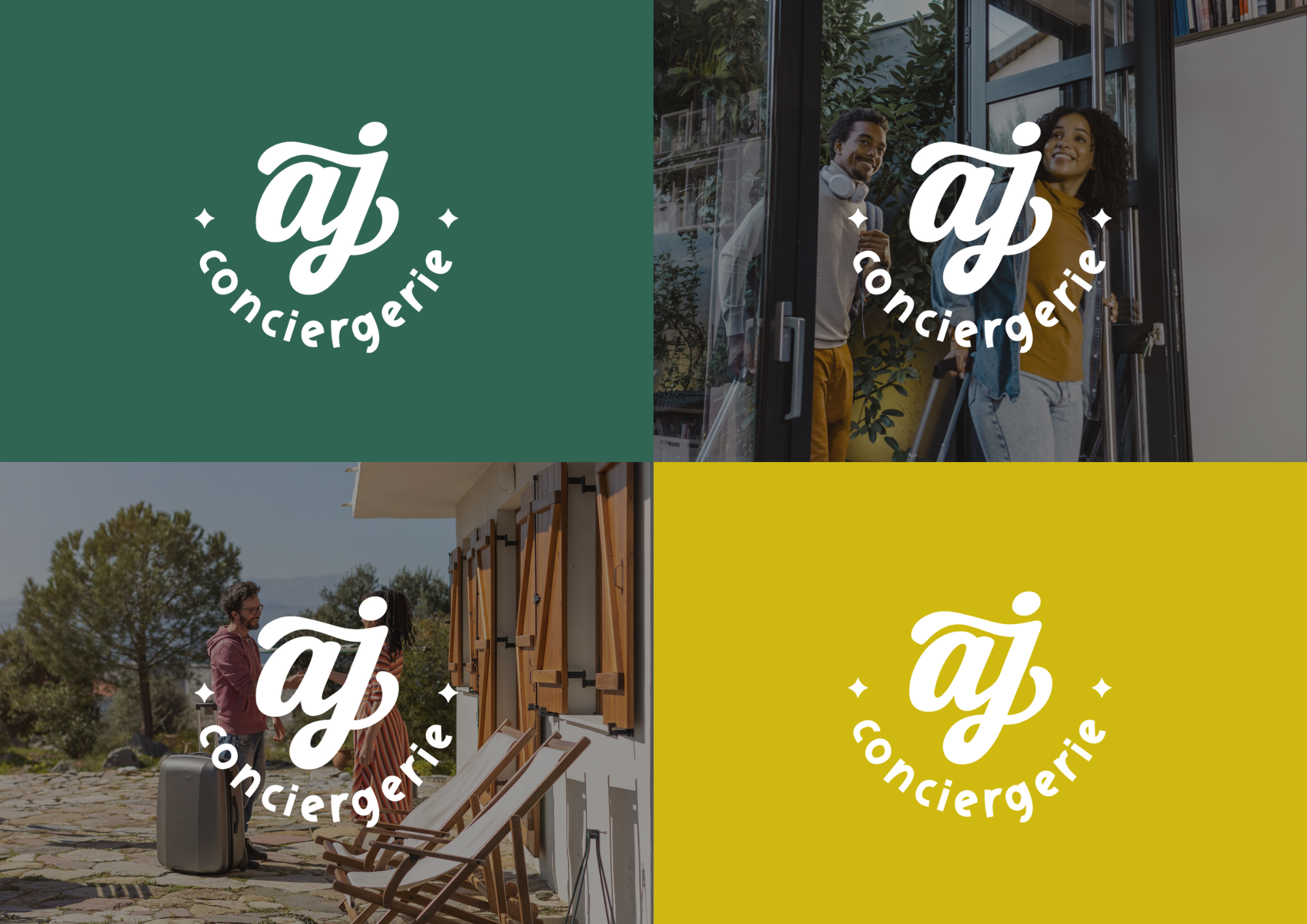 Prestation de graphisme avec la création de la nouvelle identité visuelle d'A&J Conciergerie à Bagnères de Bigorre - logo, couleurs et éléments graphiques.