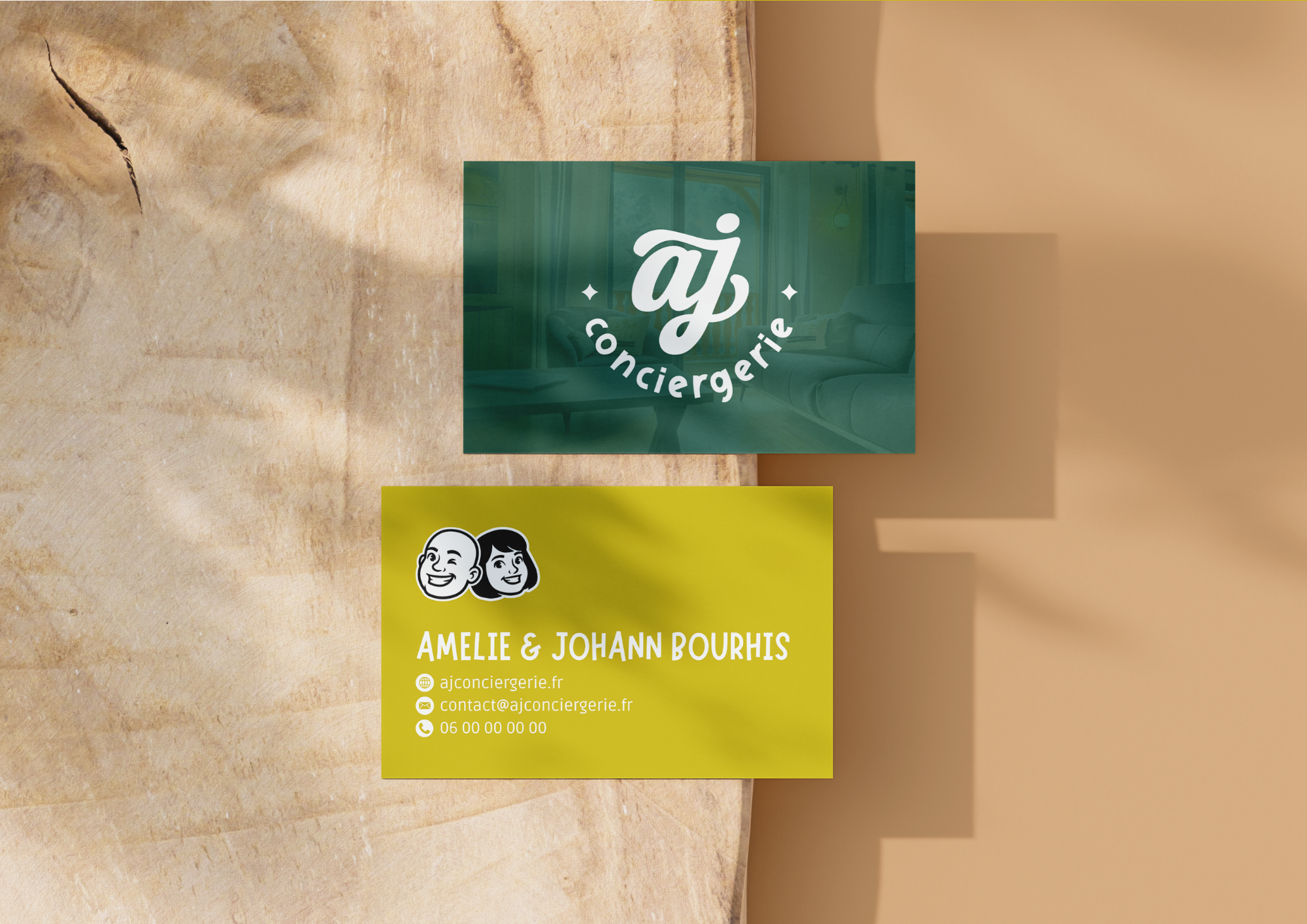 Prestation de graphisme avec la création de la nouvelle identité visuelle d'A&J Conciergerie à Bagnères de Bigorre - logo, couleurs et éléments graphiques.