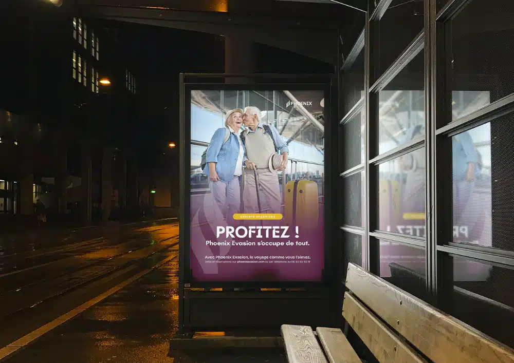 Prestation de graphisme avec la création de la nouvelle identité visuelle de Phoenix Evasion par Chauderon Voyages, organisation de séjours pour séniors dans le sud-ouest - logo, couleurs et éléments graphiques.