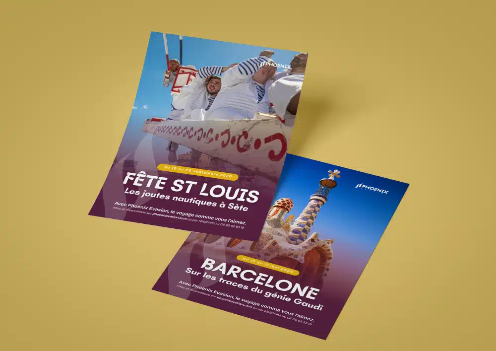 Prestation de graphisme avec la création de la nouvelle identité visuelle de Phoenix Evasion par Chauderon Voyages, organisation de séjours pour séniors dans le sud-ouest - logo, couleurs et éléments graphiques.