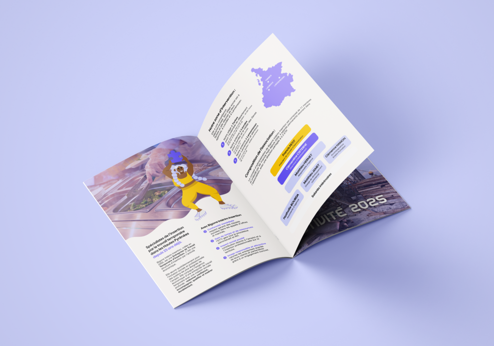 Prestation de graphisme - infographie - mise en page pour le rapport d'activité 2025 de Bigorre Interim Insertion